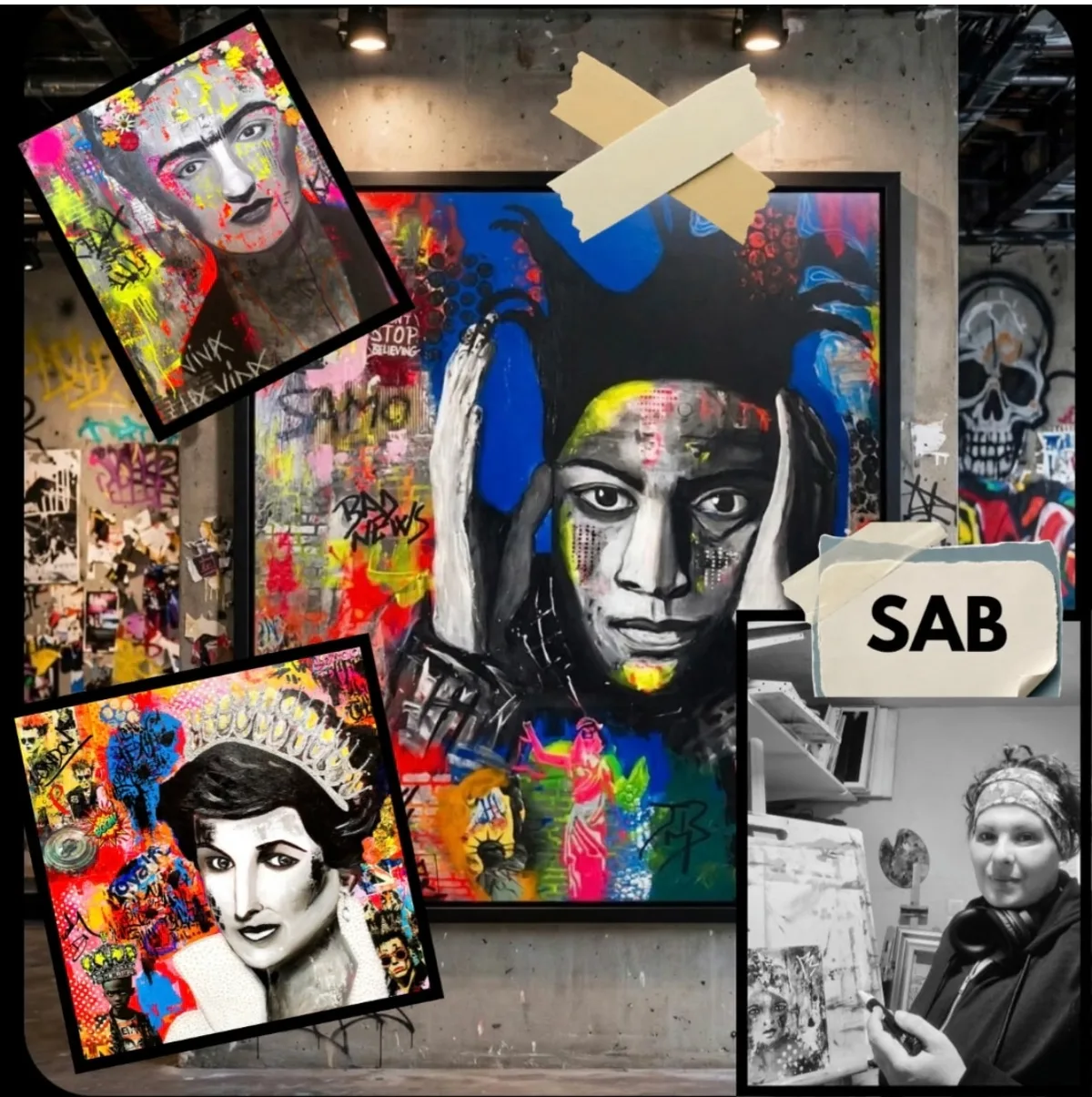 Composition visuelle fournie par Sabrine réunissant ses œuvres et son portrait