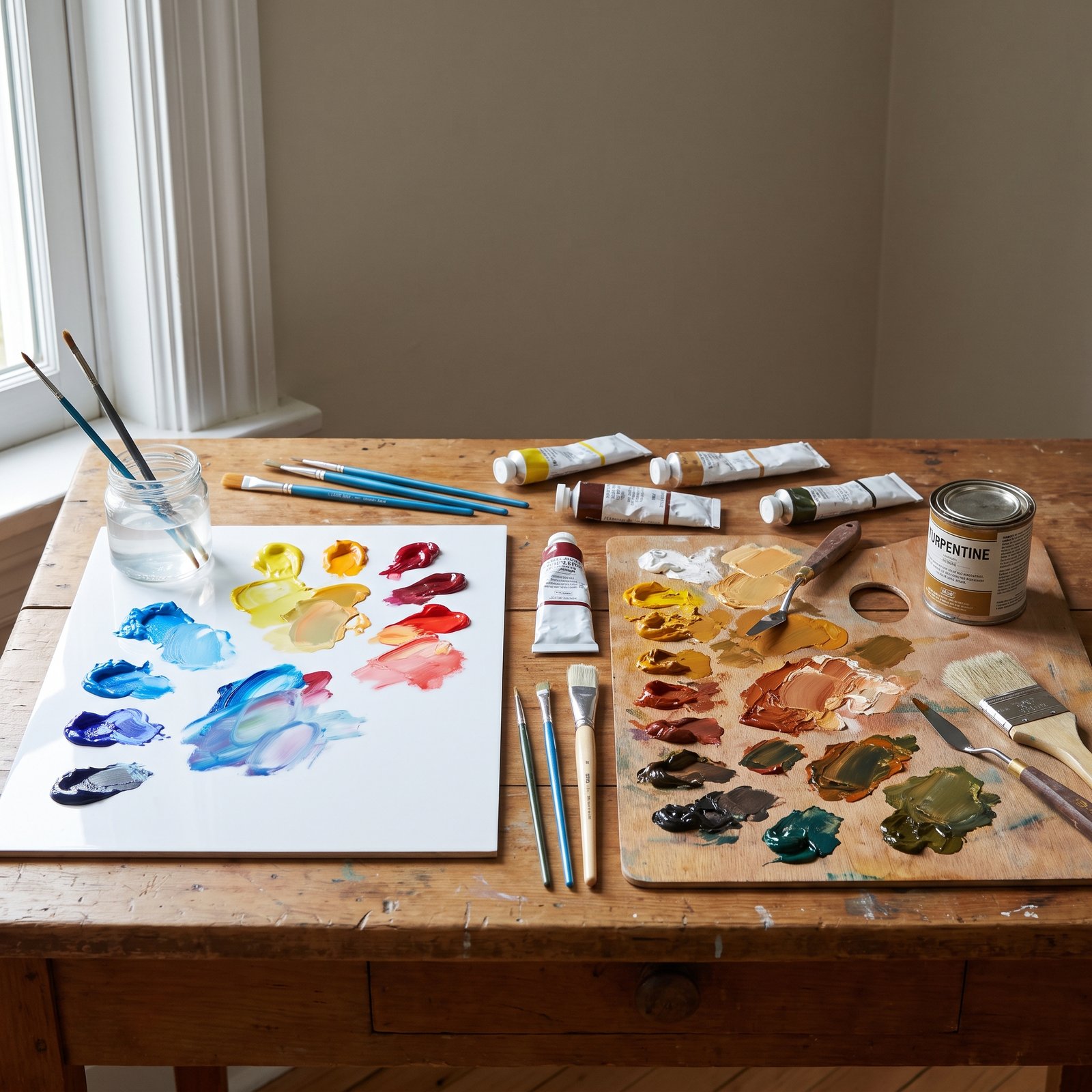 Deux palettes avec des mélanges de peinture, des tubes sans marque et des pinceaux.