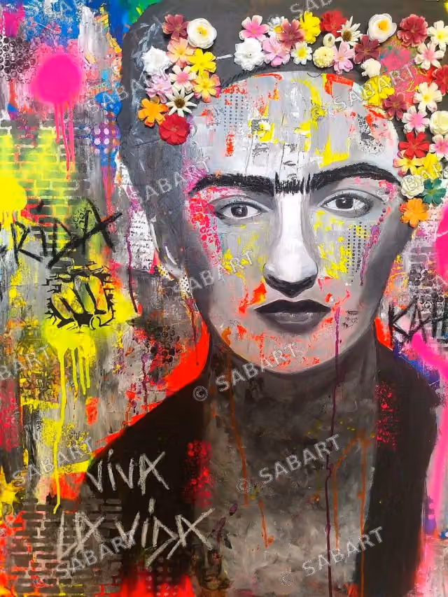 La résiliente Frida · tableau original de Sab · 100 × 81 cm